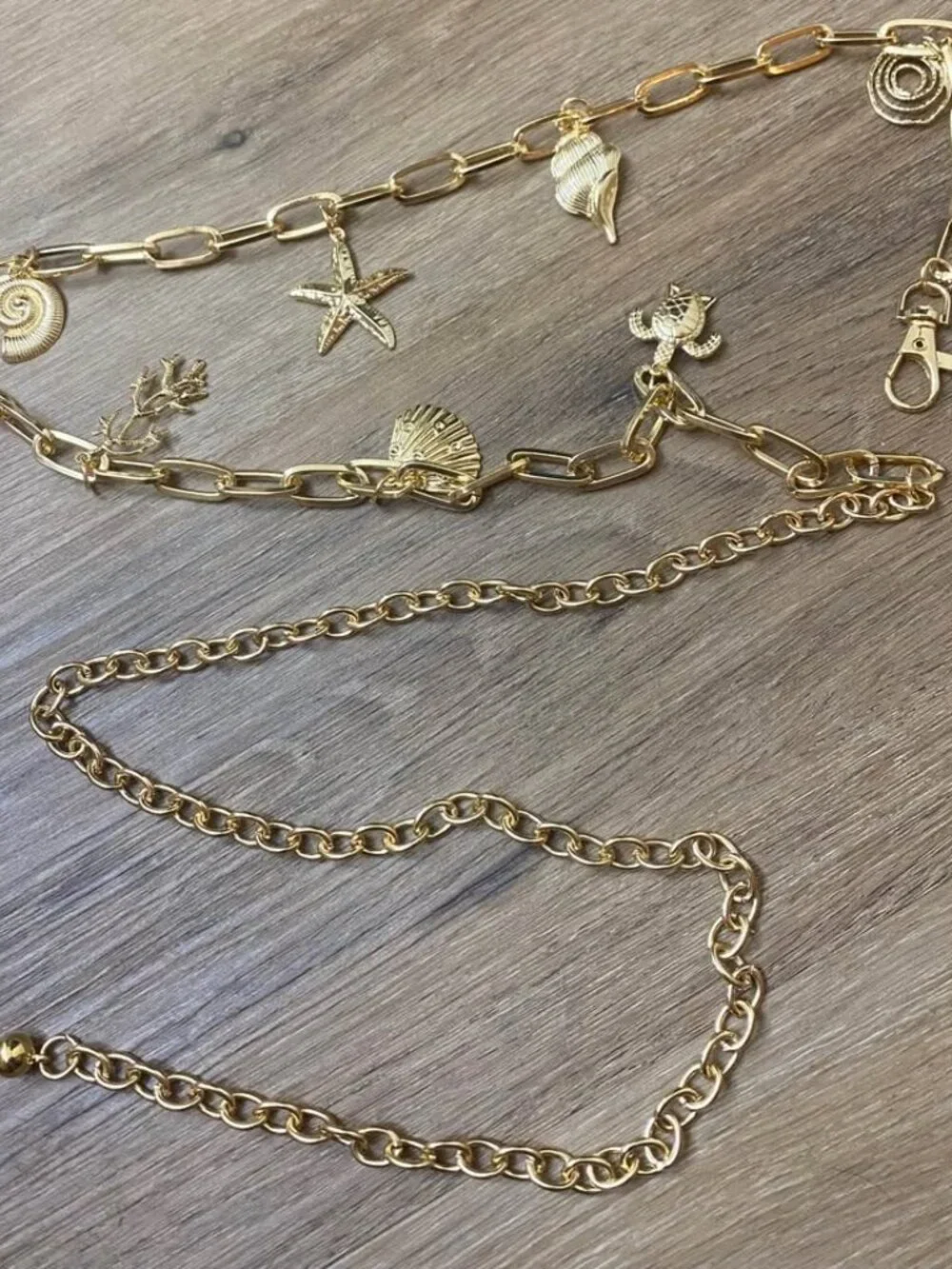 Mermaid Style Beach Chain Belt 56” – Gold Tone Turtle, Seashell & Starfish